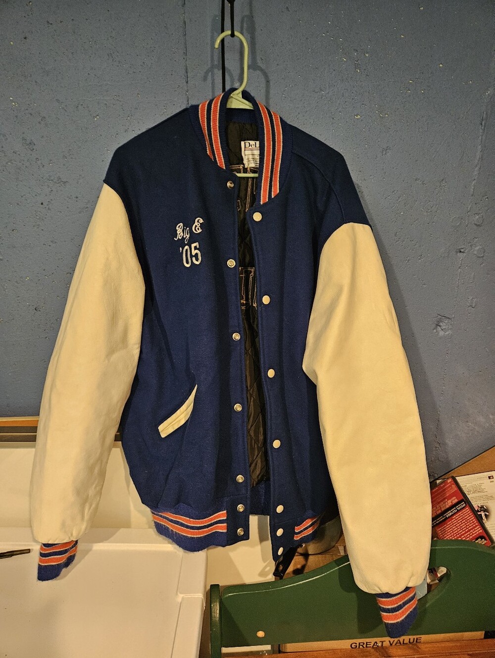 Vintage DeLong Letterman Varsity Jacket Blue Wool White Leather Sleeves Size 2xl